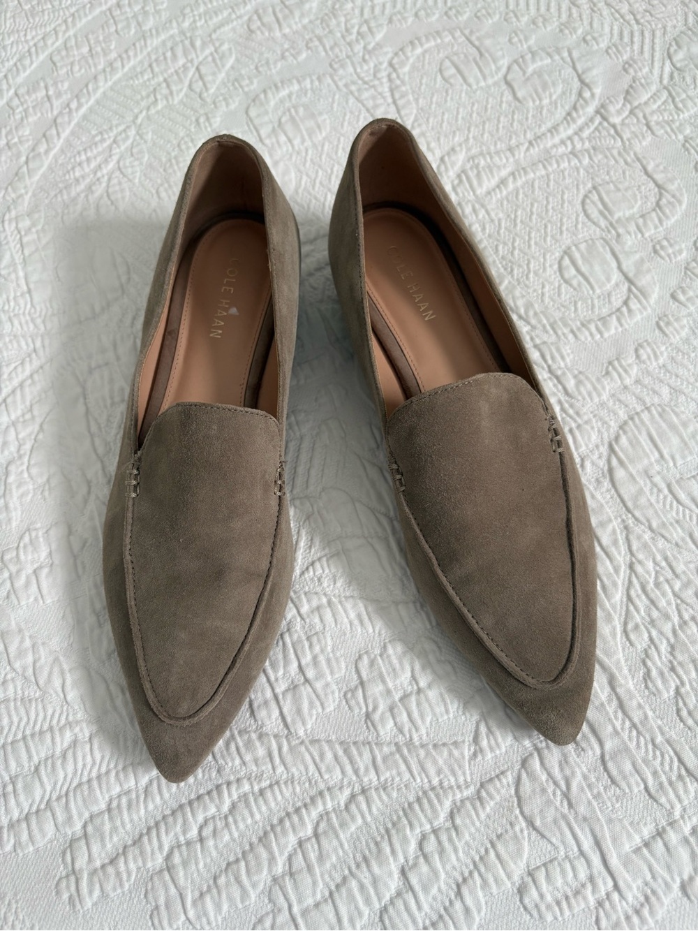 Cole Haan Valantina Pointed Toe Block Heel Loafers Irish coffee suede size 8